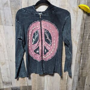 Jayli Black Acid Wash Peace Sign Embroidered Hippie Indie Hoodie Jacket